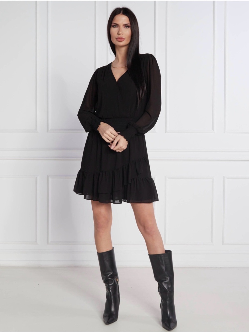 Michael Kors Black Long-Sleeve Tiered Mini Dress